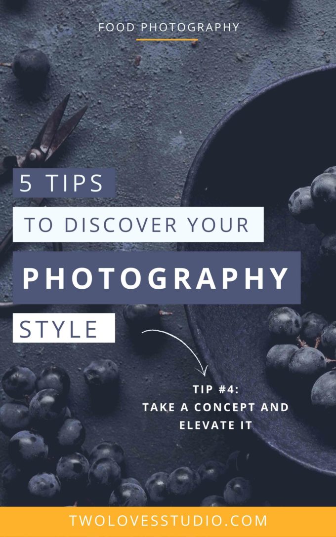 Tips to discover your photography style example. Dark black background with a dark bowl and black grapes inside. 