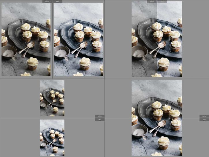 The different types side-by-side comparisons you can switch between using the Lightroom Before and After tool.