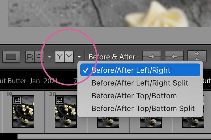 This is where you can change between the different types of side-by-side comparison in Lightroom.