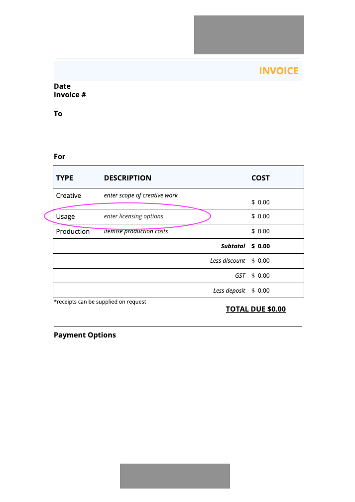 An invoice showing line items being charge for photography services.