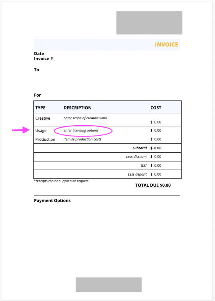 Invoice showing photography Usage Agreements and how it should look on an invoice.