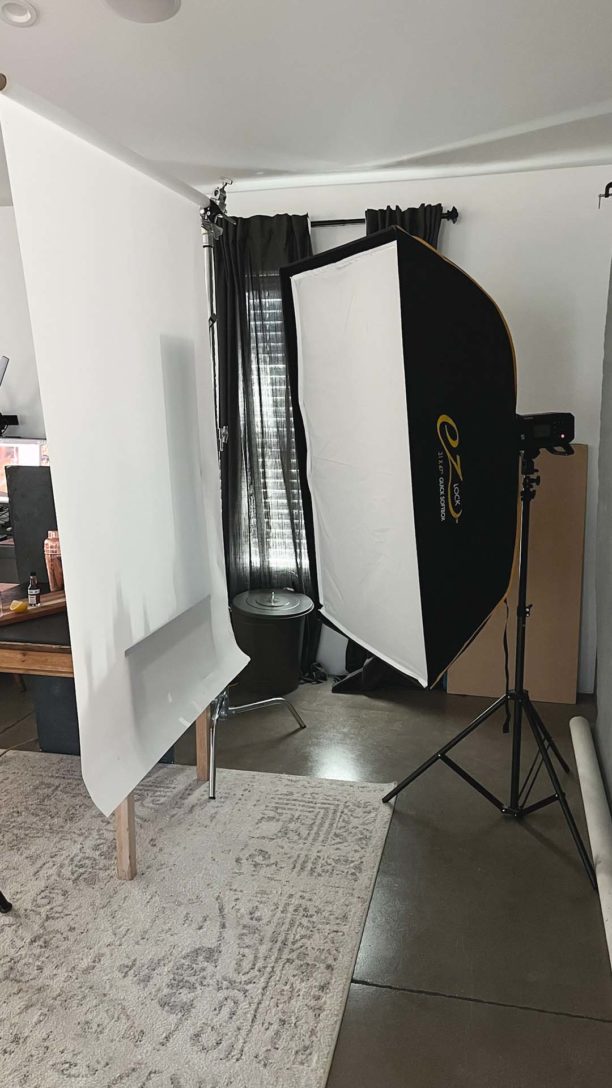 A large softbox, behind diffusion paper. This is used to soften the light and avoid reflections in photography