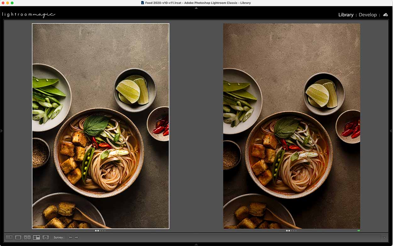 Two side by side images of noodle soup in bowls on a brown background. The left image is an edit and the right is taken with a preset.