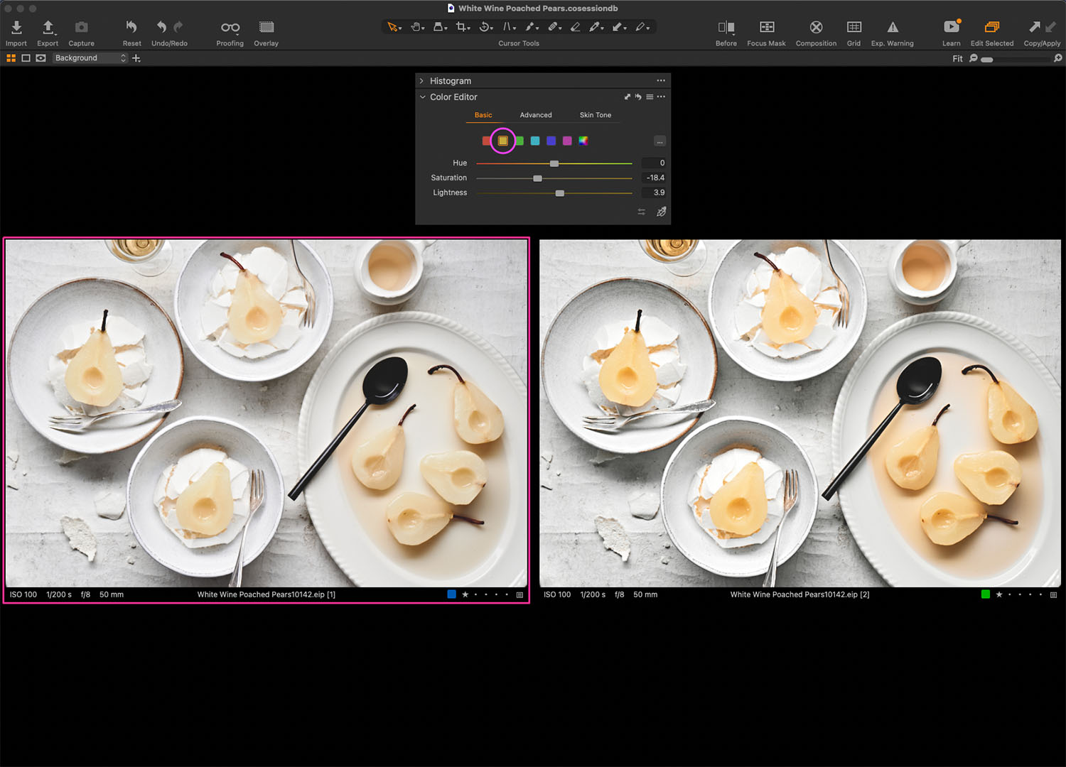 Example of correct color Food Photography side by side images of poached pears on a white background.