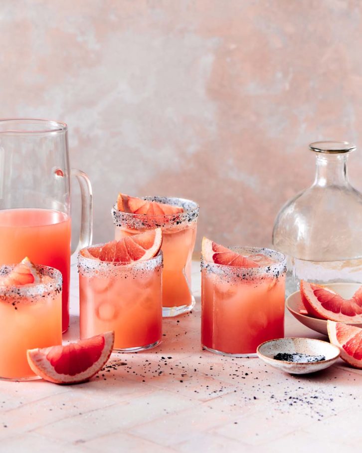 Blood orange margaritas with salt and black pepper rim.