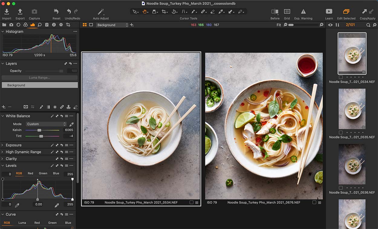 Example of how to tether using a noodle soup as the subject on a marble background. 