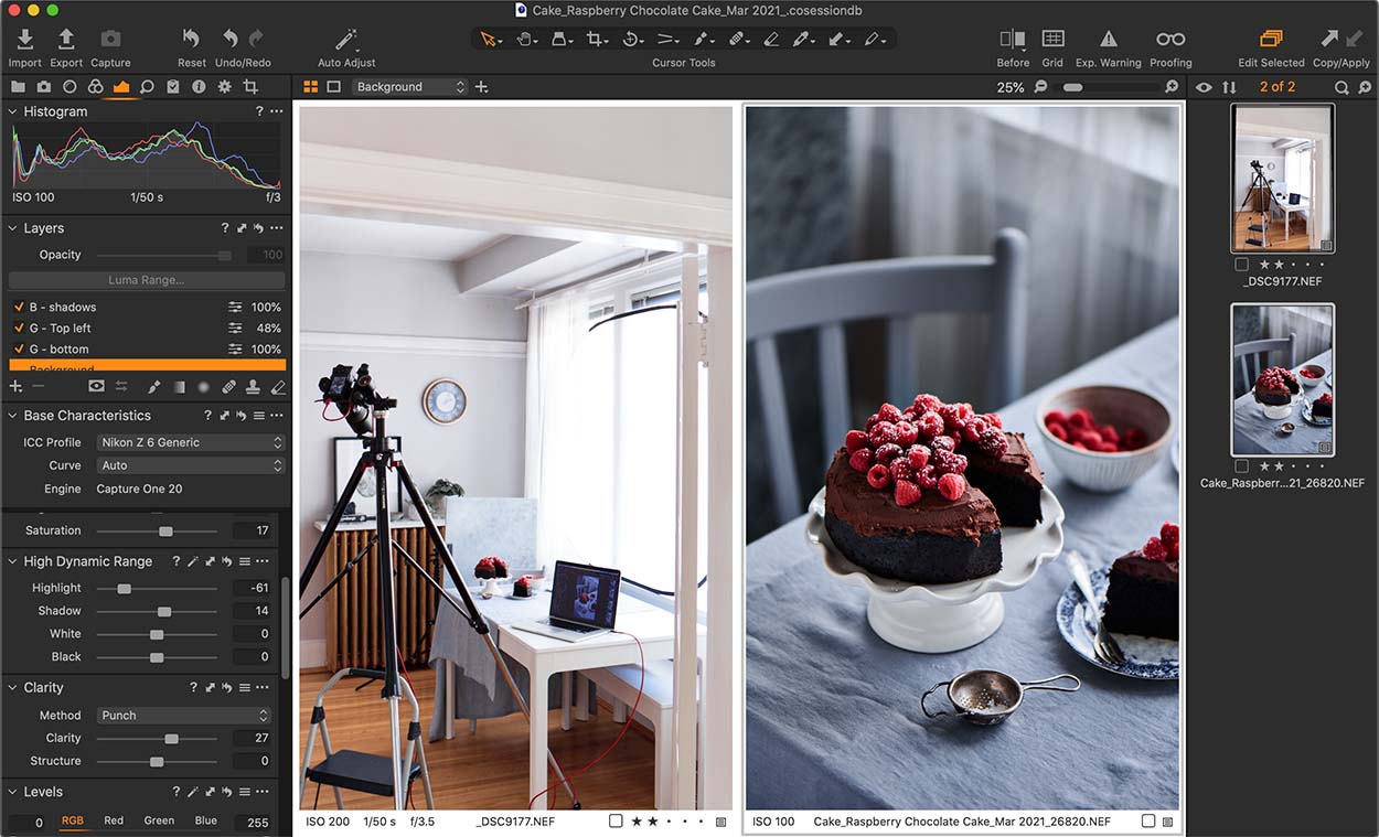 Screenshot showing a behind the scenes live tethered photoshoot of a chocolate raspberry cake on a soft blue background.