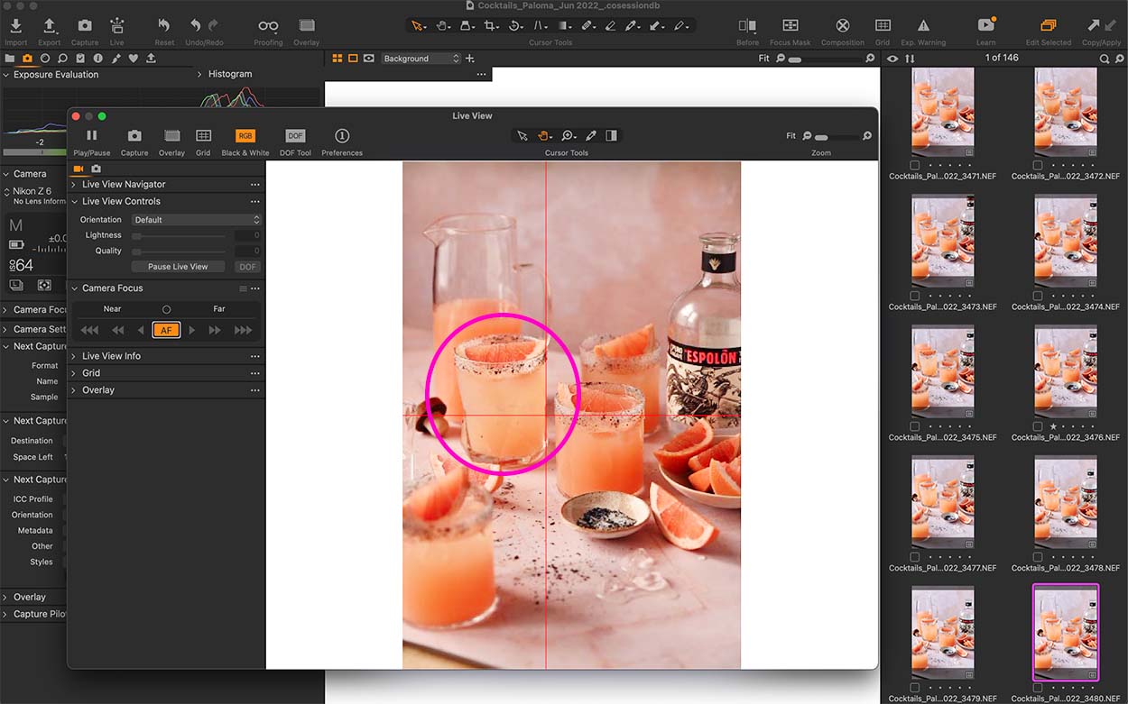 Screenshot of blood orange margaritas demonstrating when tethering what live view and focus to use. 