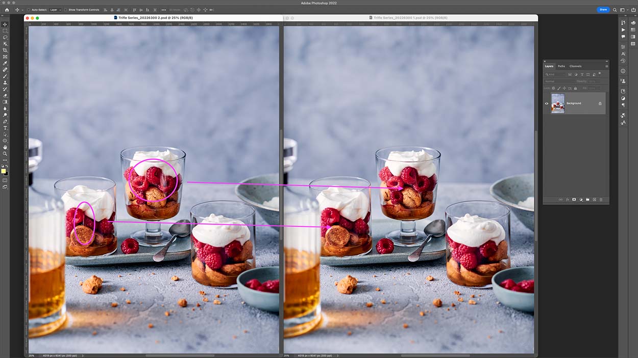 Side by side shot of a parfait with whiskey on a soft blue background. Demonstrating retouching photos.