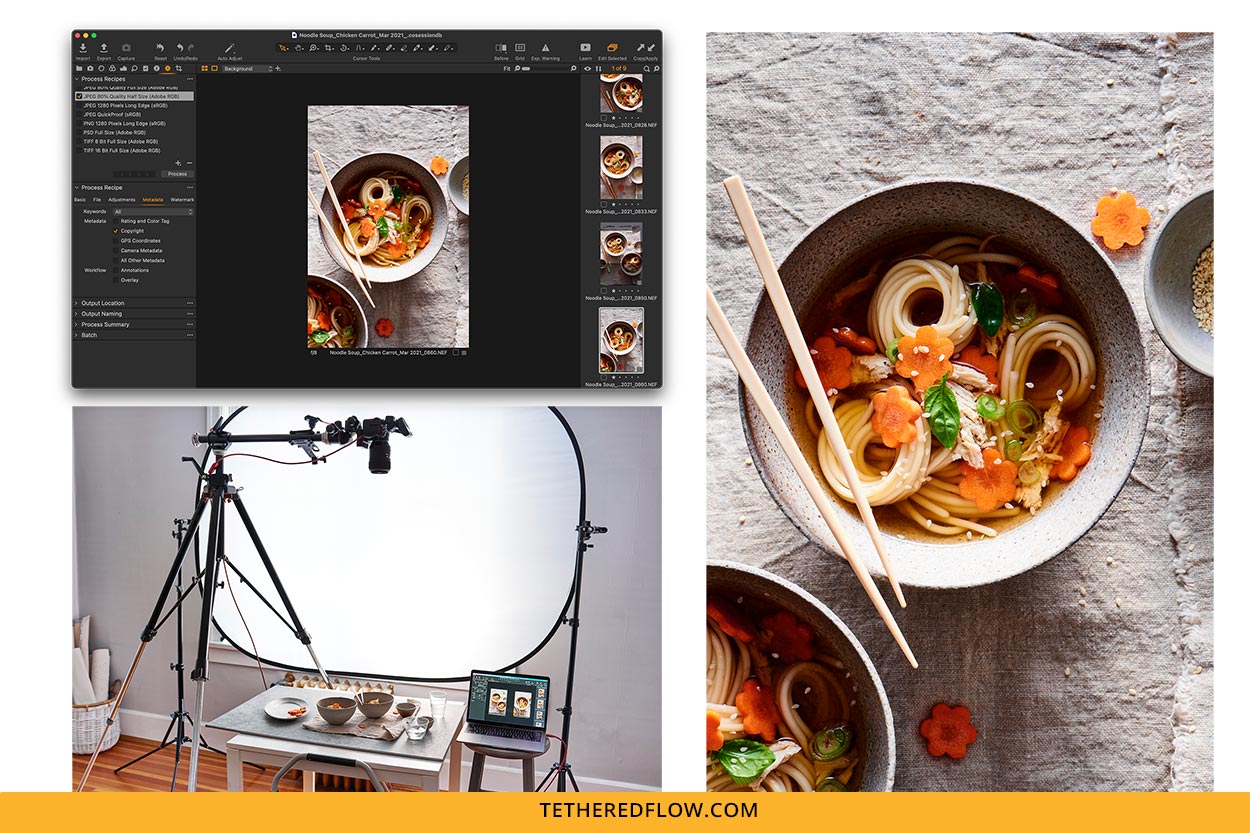 A screenshot showing the setup of a tethered workspace taking photos of an asian noodle soup dish. With an example of the final noodle soup dish on a lined backdrop, and a screenshot of the computer screen from live tethering. 