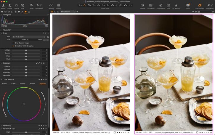 Screenshot showing colour correction and grading in editing software. Marble table with circular wooden chair. Two cocktail glasses filled with crushed ice, and orange slices.