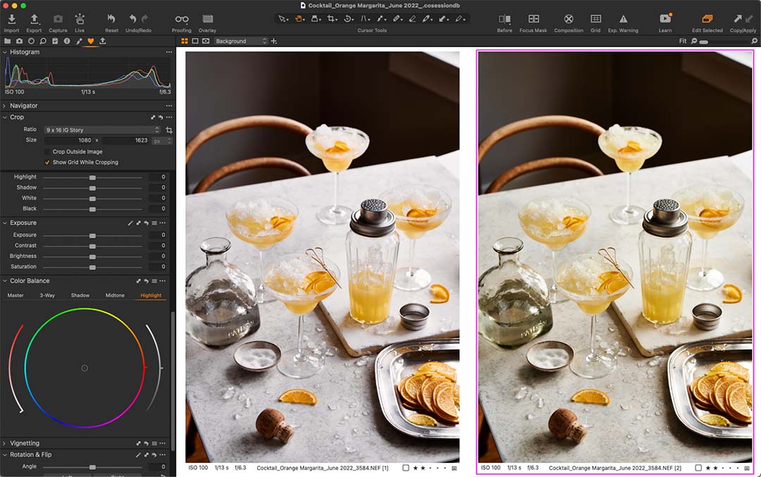 screenshot of editing cocktail photos in Capture One. 4 orange margarita glasses on a table with garnishes.