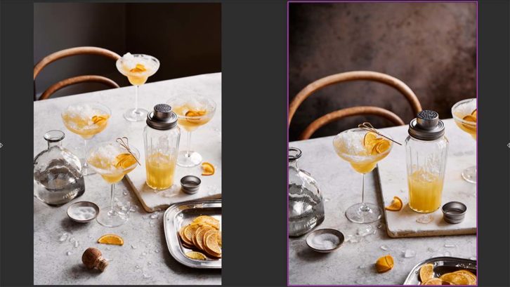 Screenshot showing marble table with circular wooden chair. Two cocktail glasses filled with crushed ice, and orange slices.