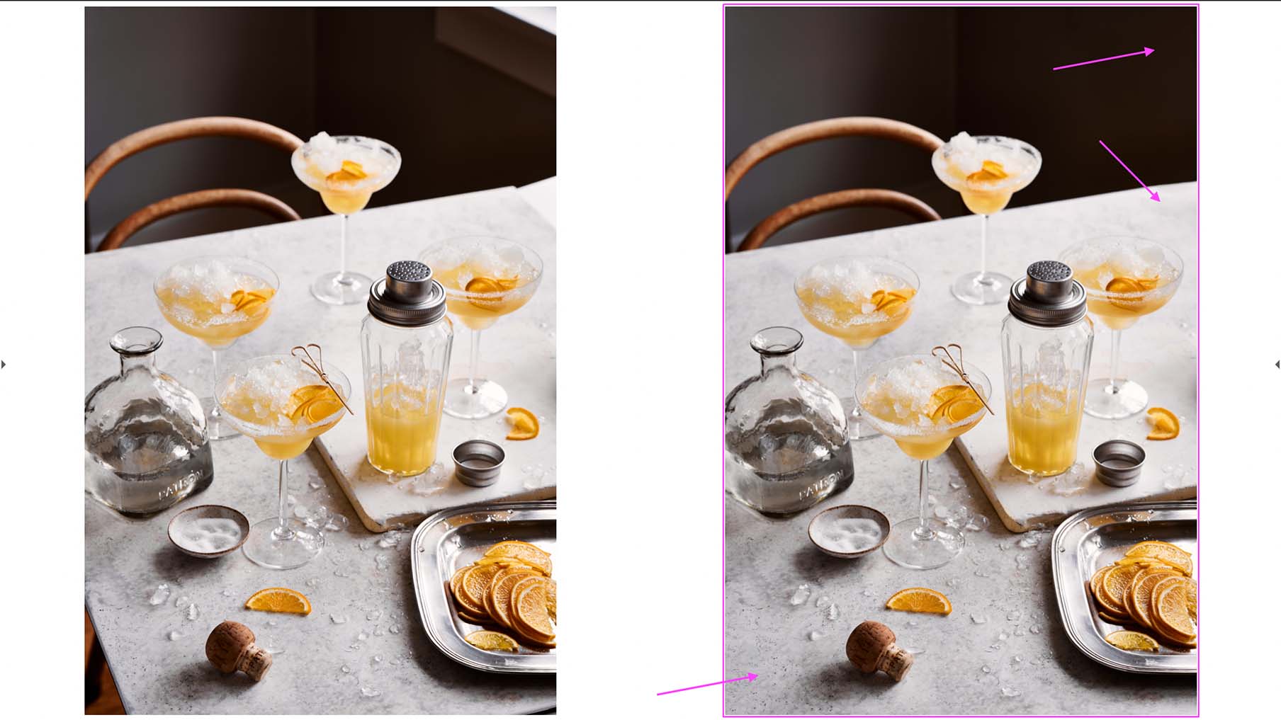 Cocktail shots side by side showing an example of using retouching photography extends the background to the edges of the frame.