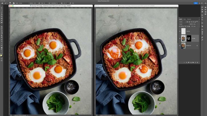 Editing screenshot of a cast iron dish with rice, tomato and eggs. 