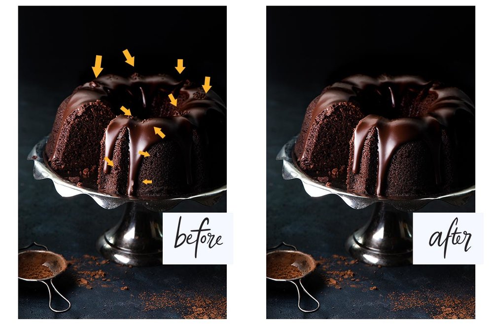 Side by side before and after chocolate bunt cakes on a silver cake stand.