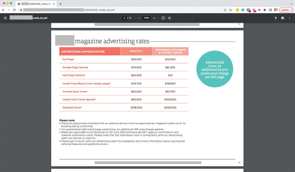 Screenshot of magazine media kit with advertising rates to help you licence your photos.