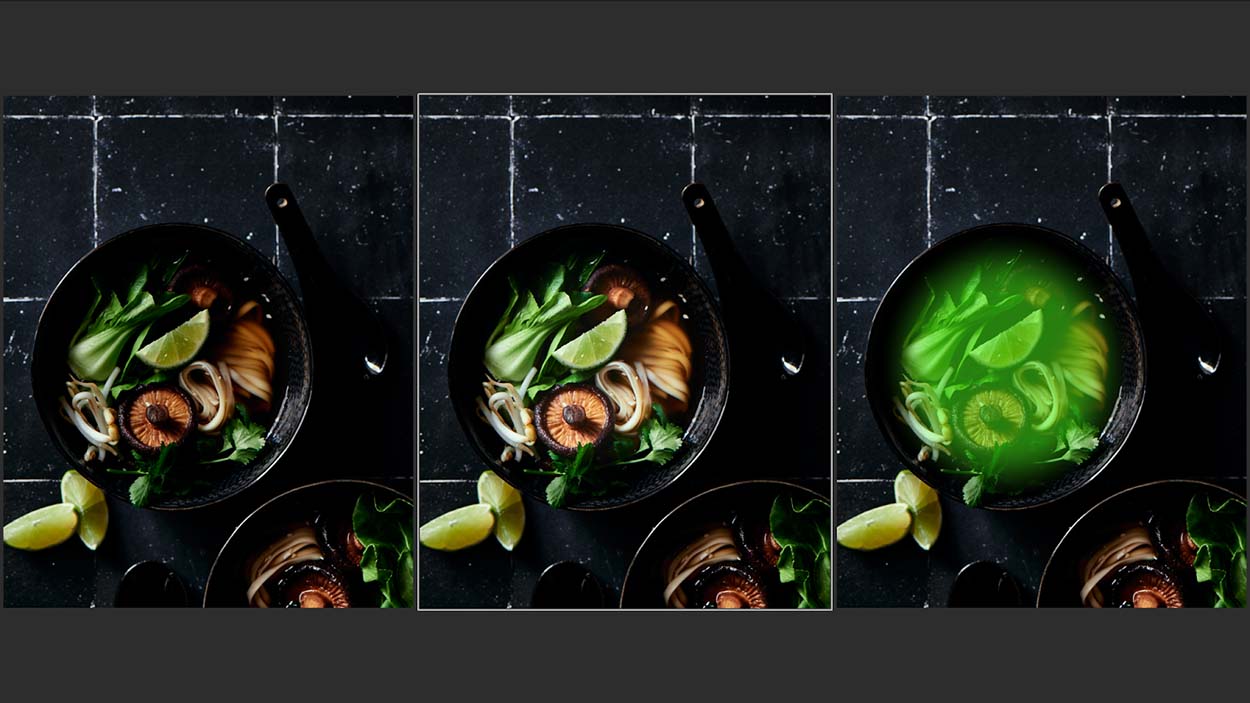 Side by side images of a mushroom, bok choy, noodle soup bowl on a black background.