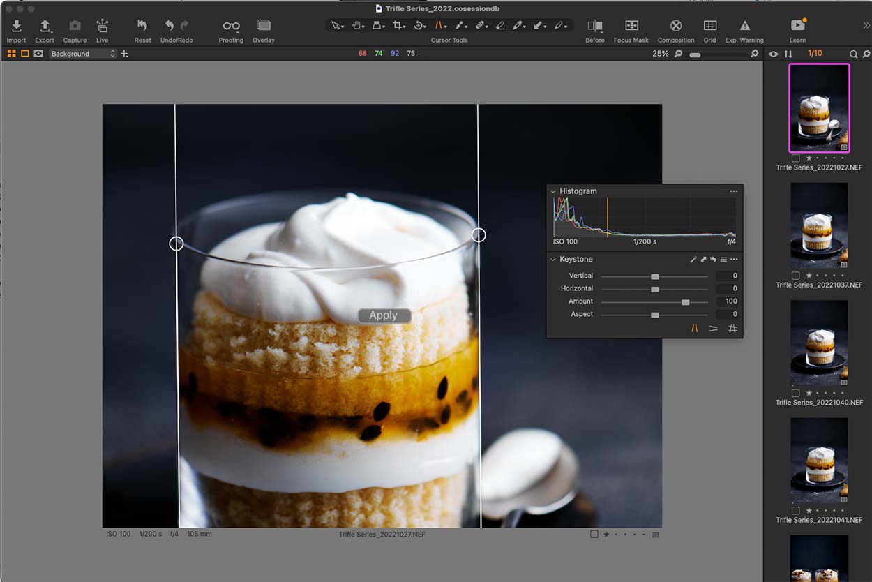 Screenshot of a passionfruit desert showing an example of the use of capture one keystone tool assisting in getting straight lines. 