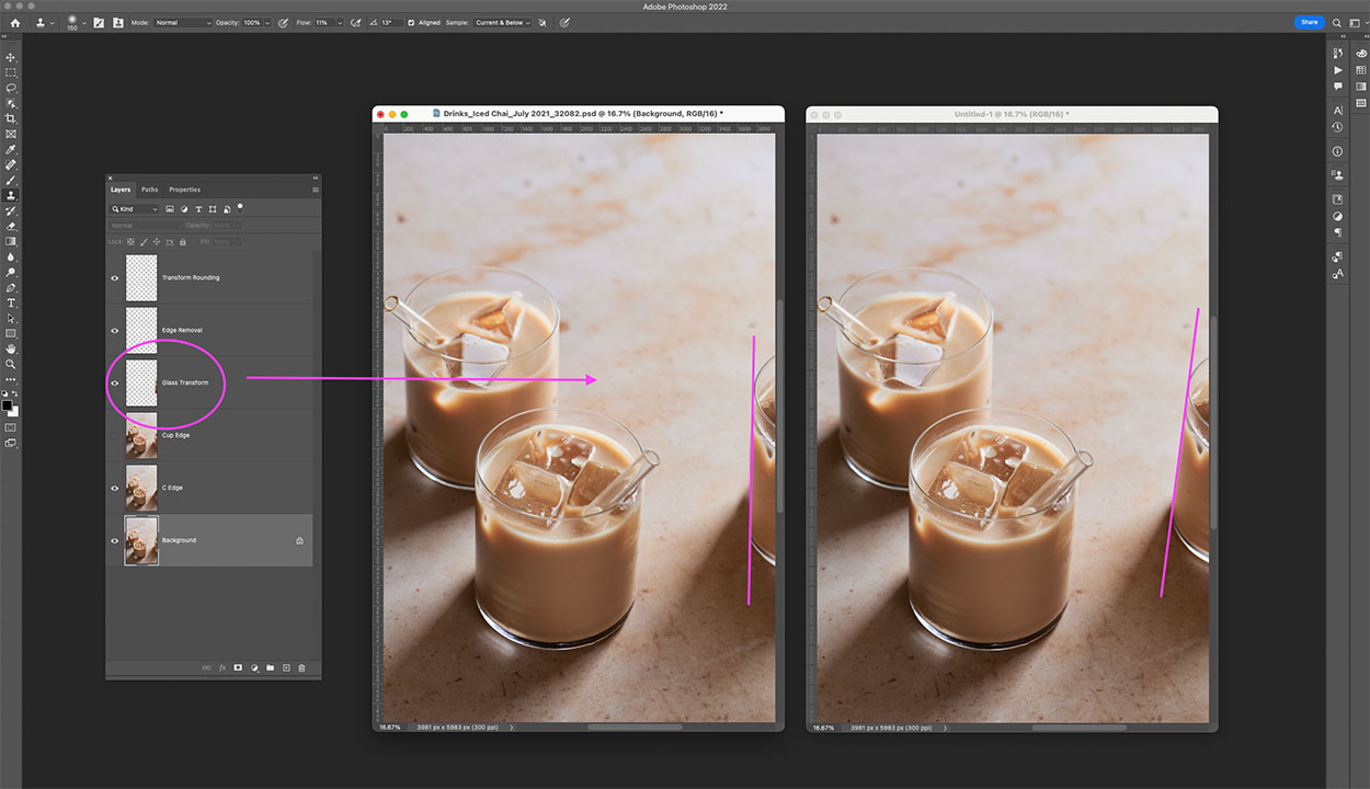 Screenshot showing an example of two images demonstrating the transform tool can help us make subjects straight in photoshop.