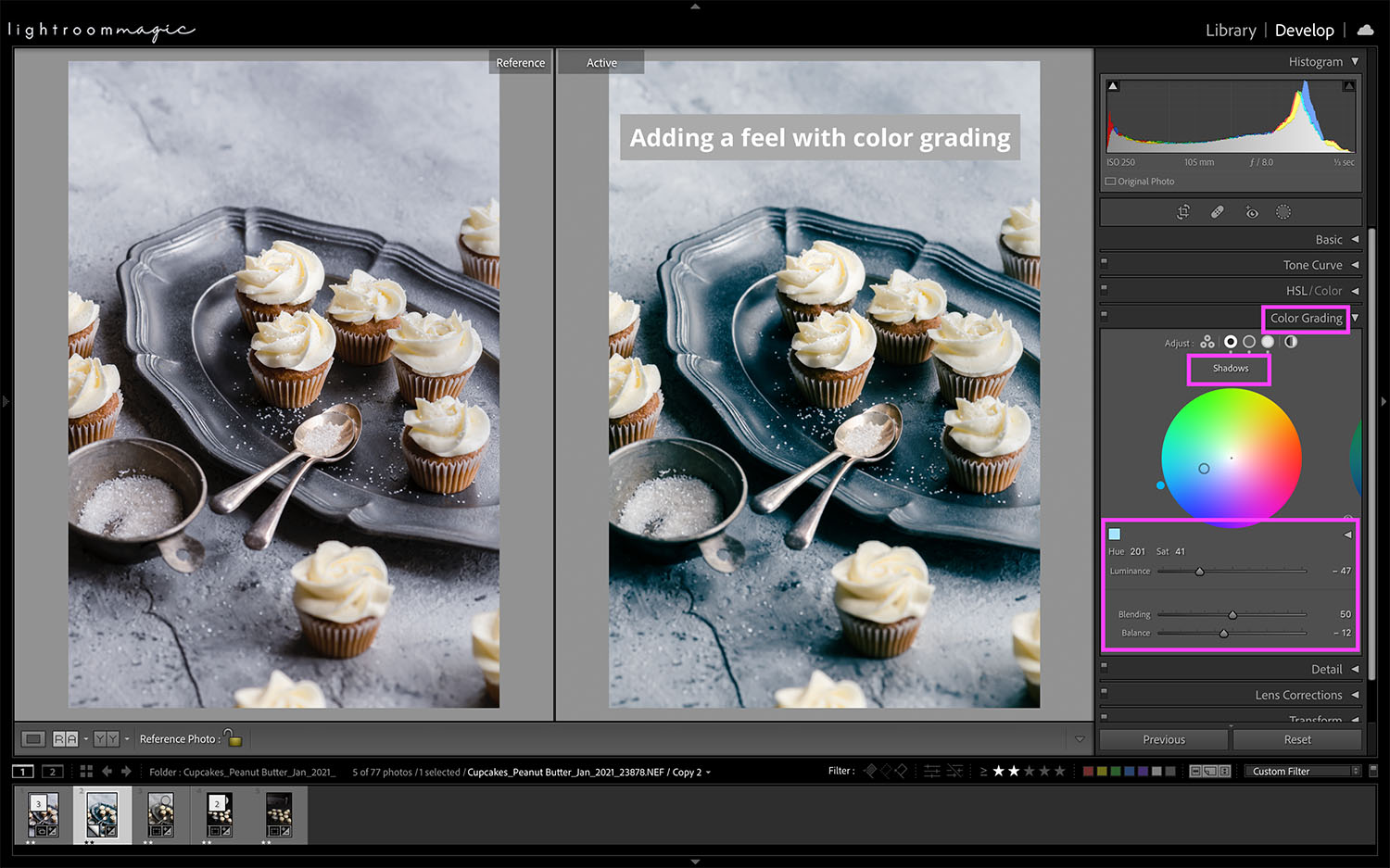 Screenshot showing vanilla cupcakes on a serving platter. Editing color in lightroom by adding blue to the shadows.