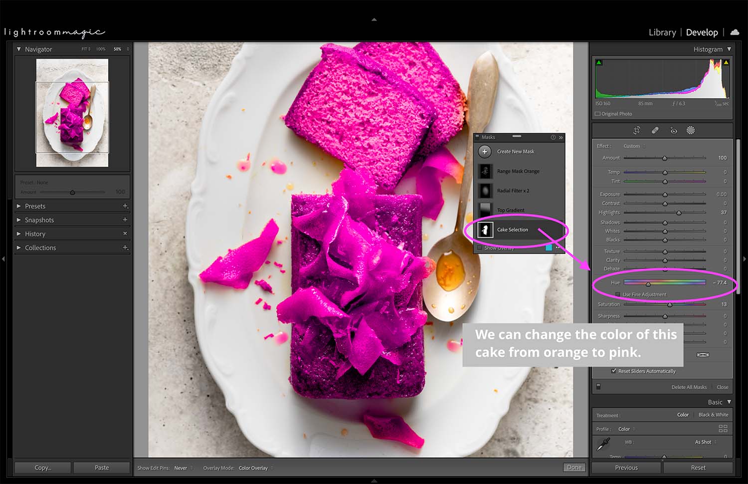 Screenshot of editing in lightroom, showing the changing the hue of a orange cake from orange to pink. 