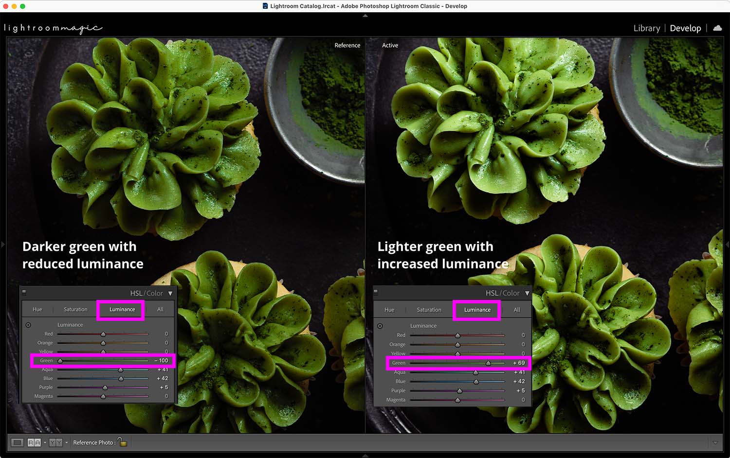 Screenshot of edit color in Lightroom. Showing Reduced luminance vs increased luminance of green.
