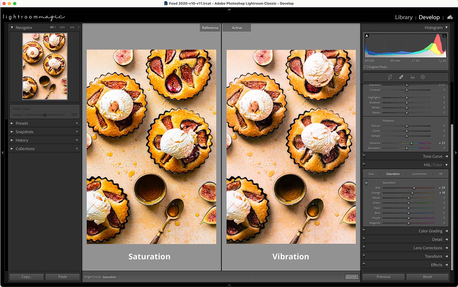 Screen shot of editing food photography showing fig tarts with ice cream on top. 