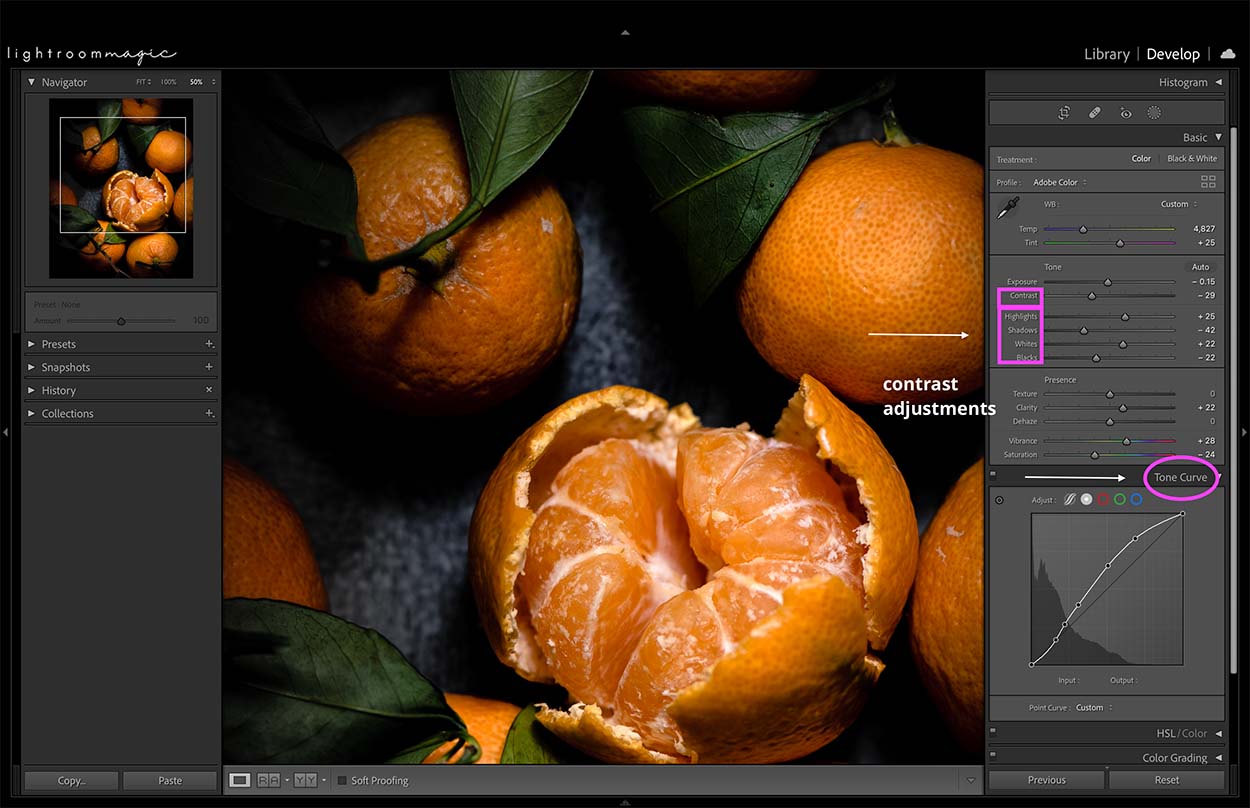 Screenshot of oranges showing contrast adjustments. 