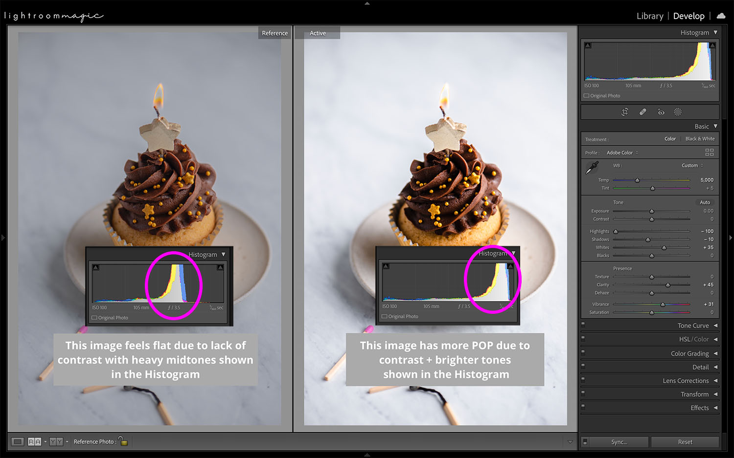Screenshot of editing food photography chocolate cupcakes side by side with a gold star candle.