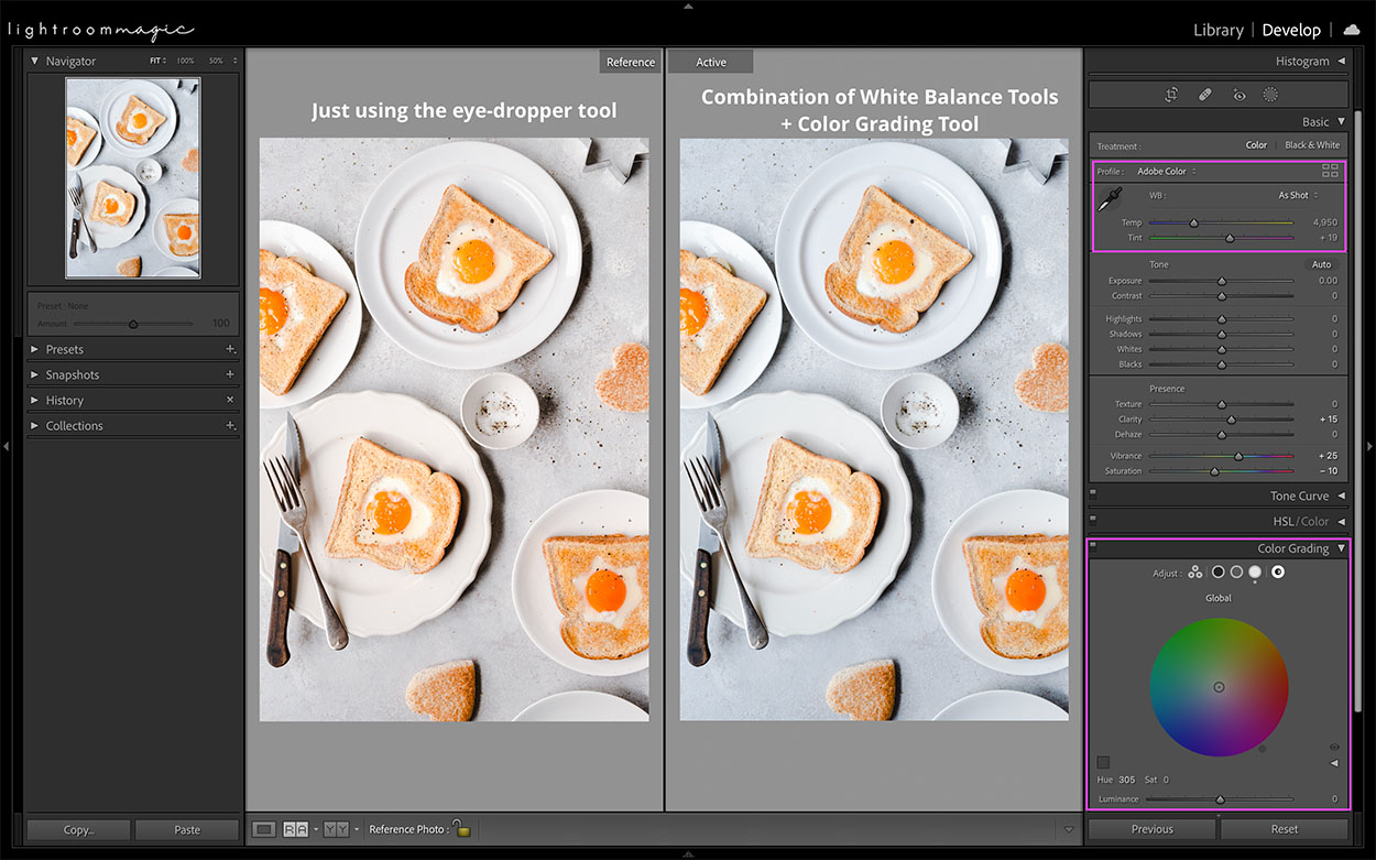 Editing food photography screen shot showing white plates with toast and fried eggs. 