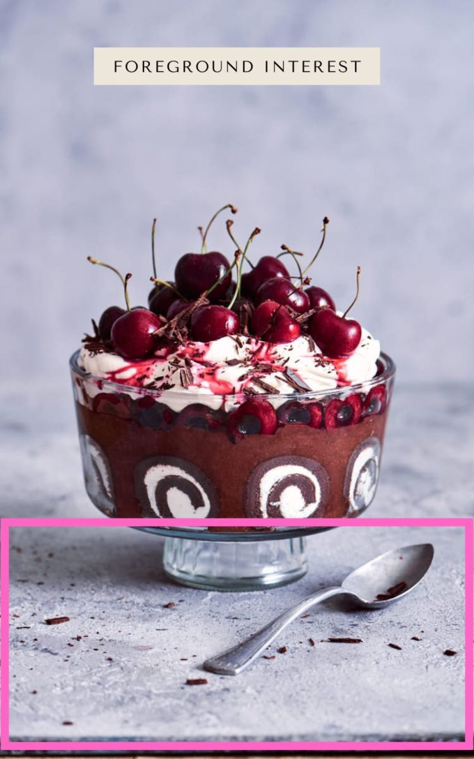 Chocolate sponge cake in a class glass trifle dish. Topped with whipped cream and cherries.