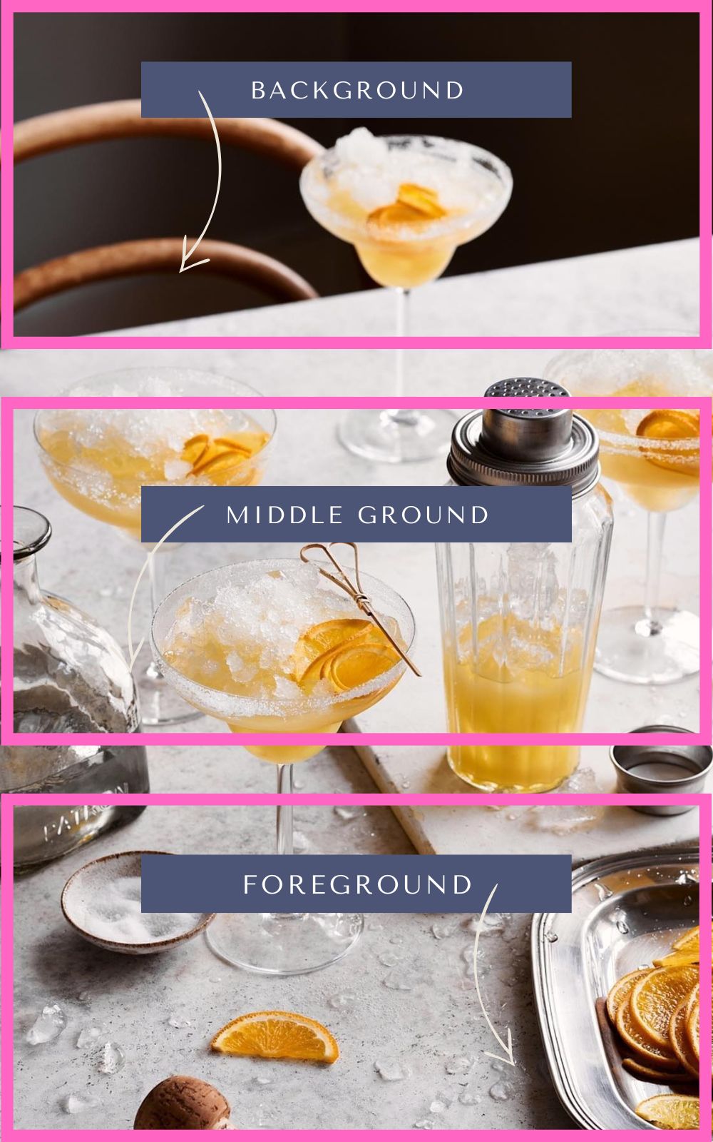 Orange cocktails in margarita glasses showing the difference between foreground, middle ground and background.