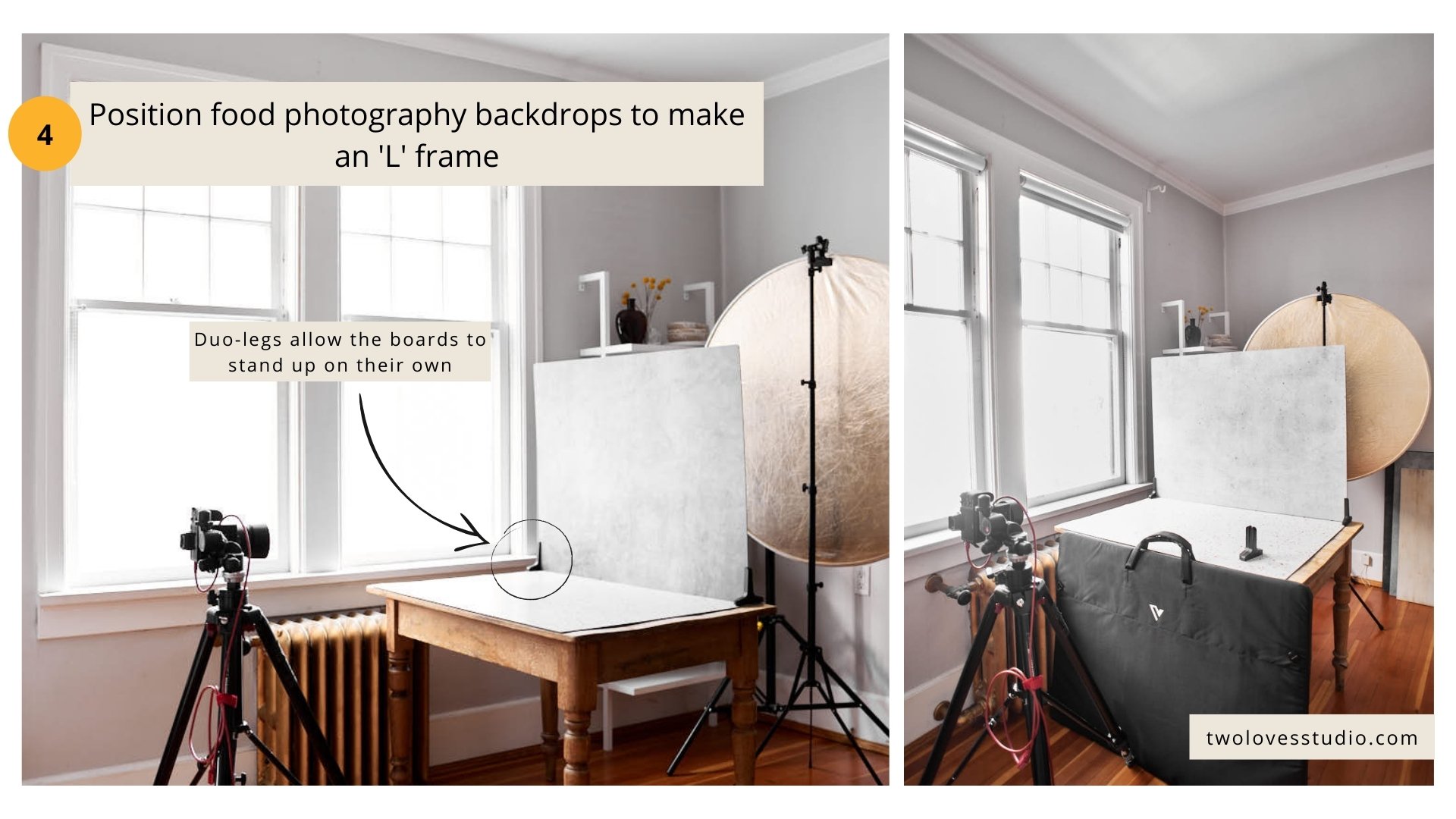 Behind the scenes of a home photography studio. With step by step instructions on how to setup a photoshoot with V Flat Duo Boards.