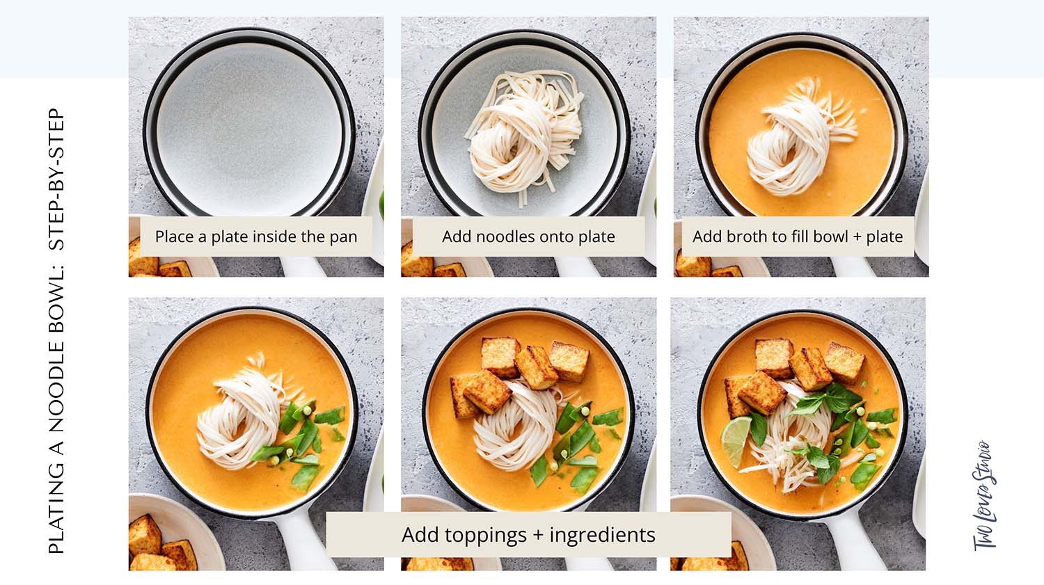6 images of a laksa noodle soup presented in a step-by-step image process of how to build create noodle food styling