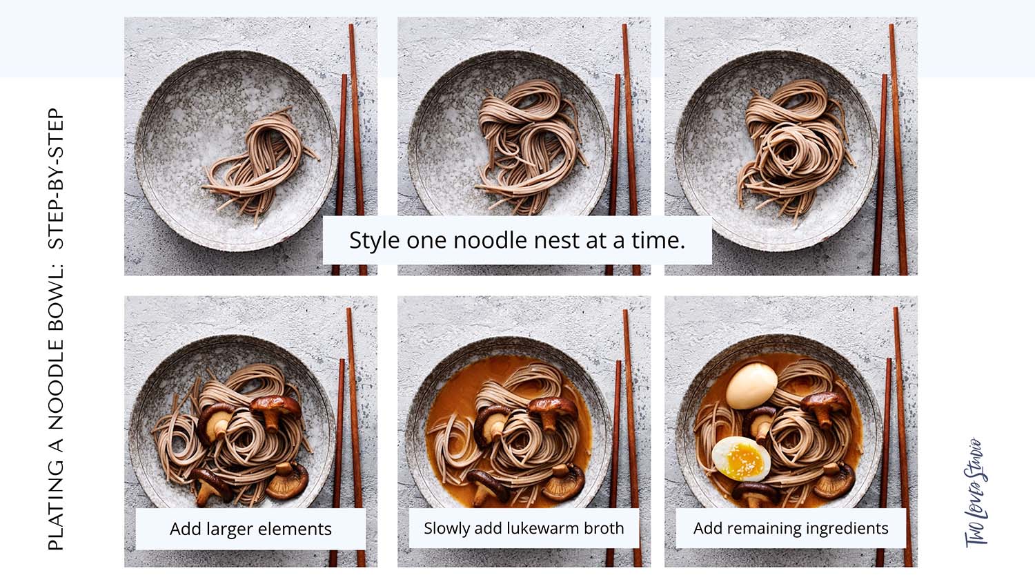 6 images of a noodle soup with eggs and shiitake mushrooms presented in a step-by-step image process of how to build create noodle food styling