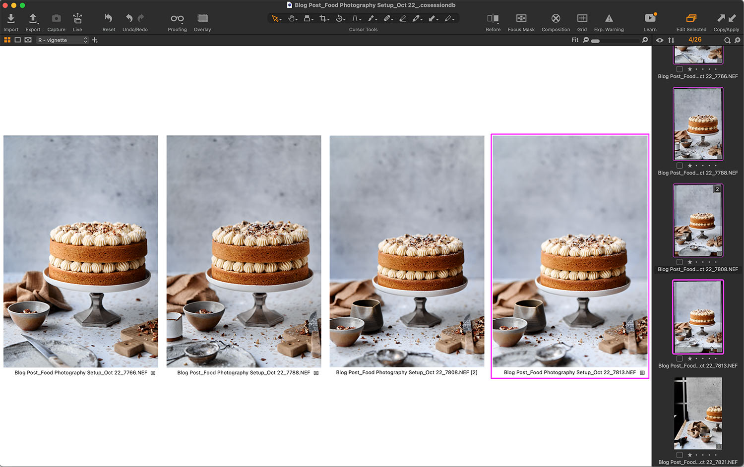 Screenshot of editing software capture One Pro with a photo of a walnut layer cake.