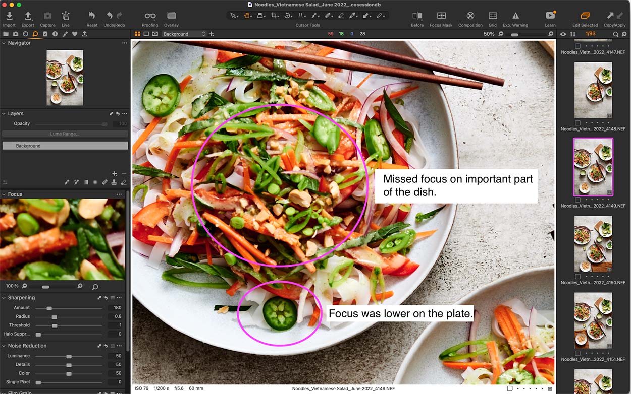 Screenshot of tethering software showing a noodle bowl with out of focus shot and why that occured.