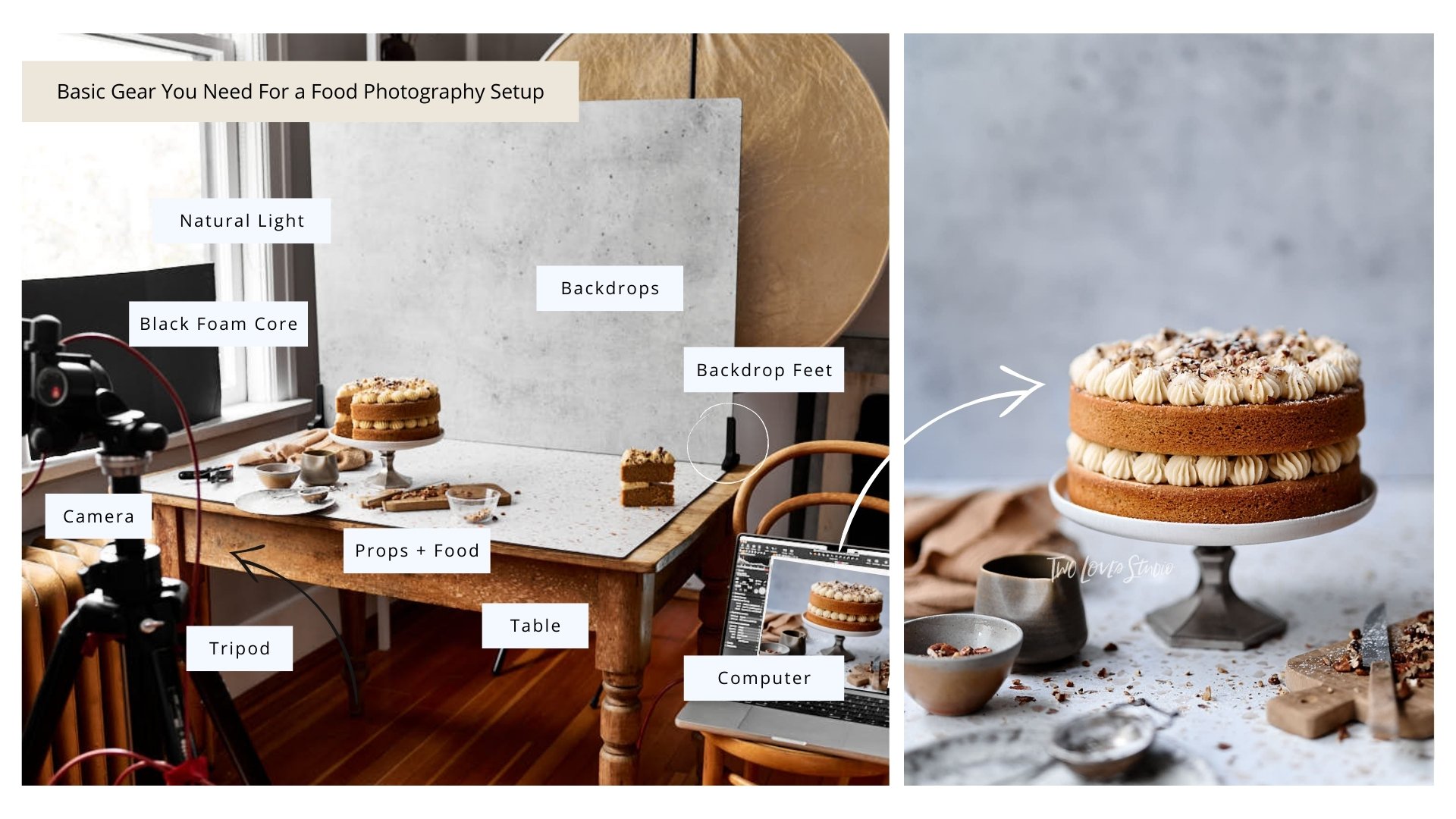 behind the scenes of a food photography setup with the final shots of a walnut layer cake on a cake stand.