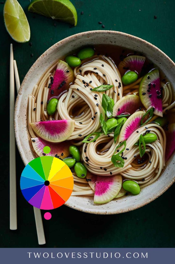 Examples of warm and cool basic color theory. Noodle bowl with edamame, black sesame seeds. 
