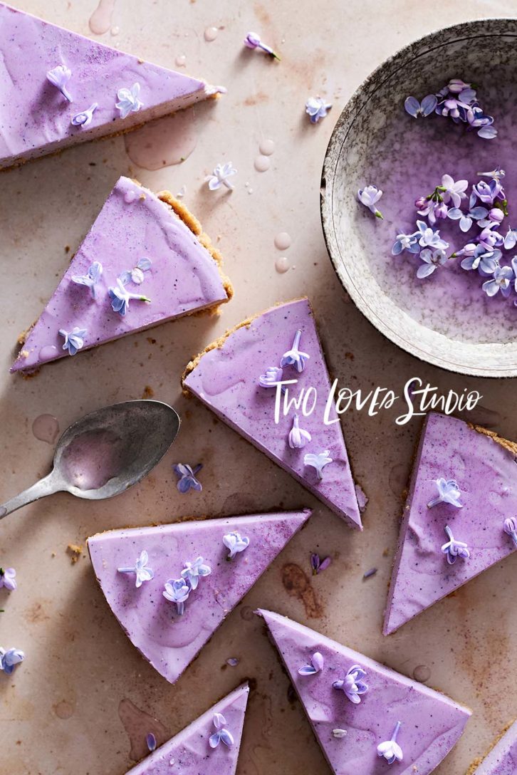 example of color techniques showing a warm and cool side by side image using lavender cheese cake. 