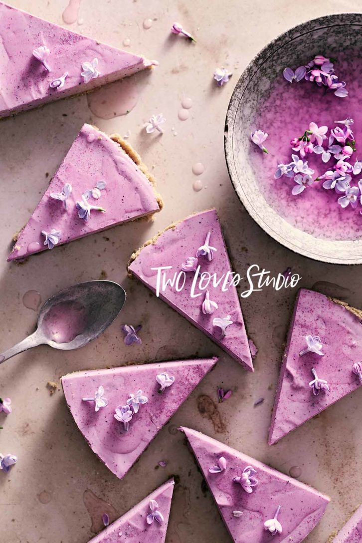 example of color techniques showing a warm and cool side by side image using lavender cheese cake. 