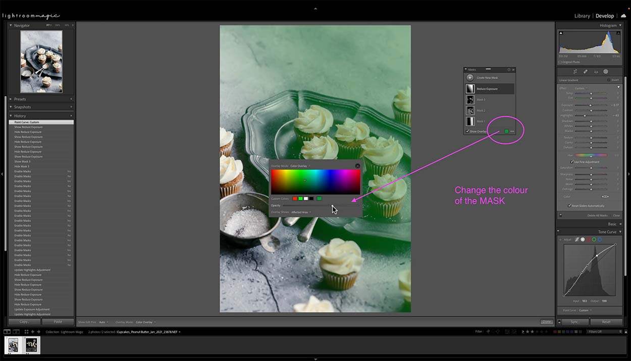 Cupcakes being edited in lightroom showing a mask for visibility when editing. 