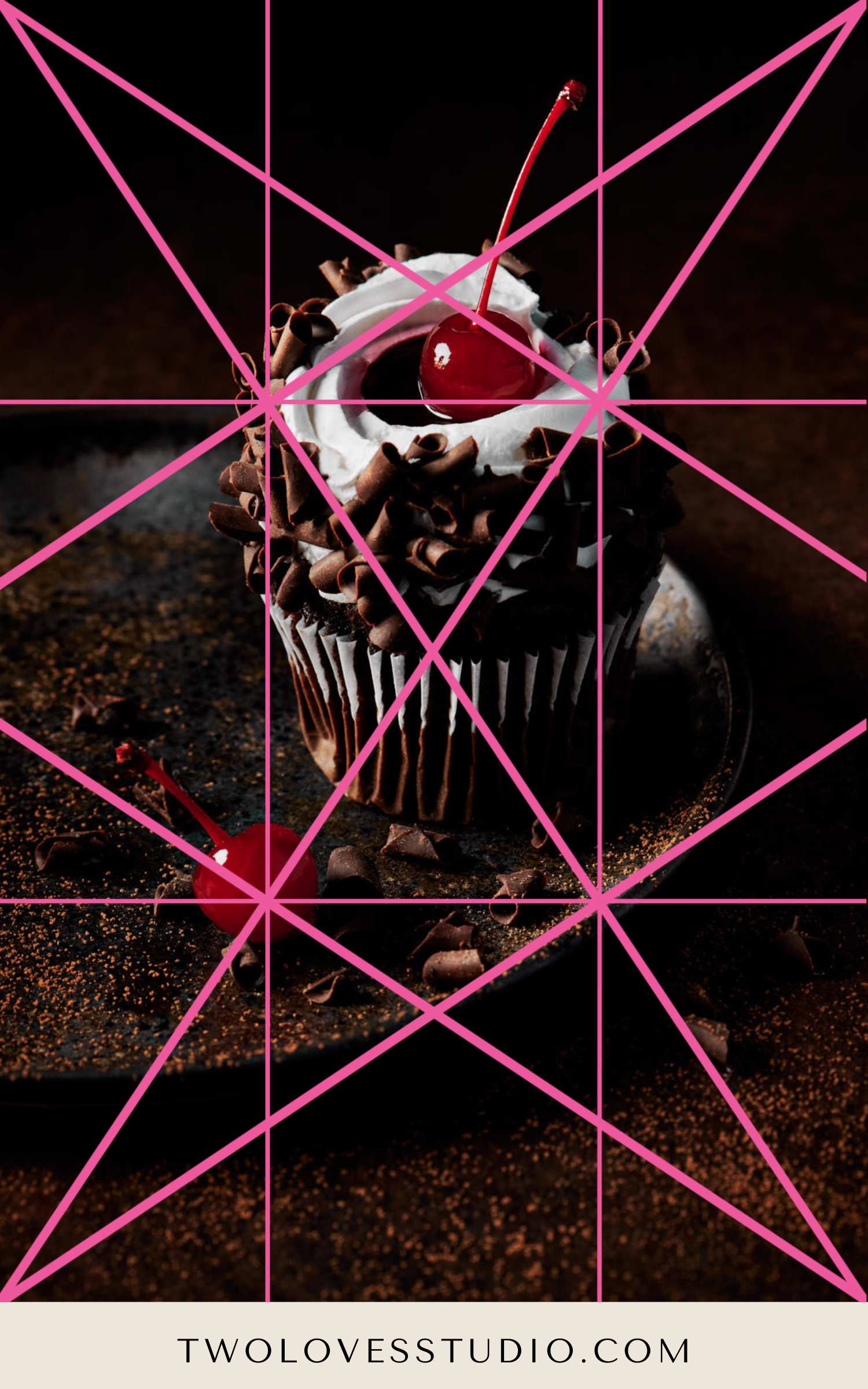 Dark background with a chocolate cupcake, cherry on top and pink symmetry lines