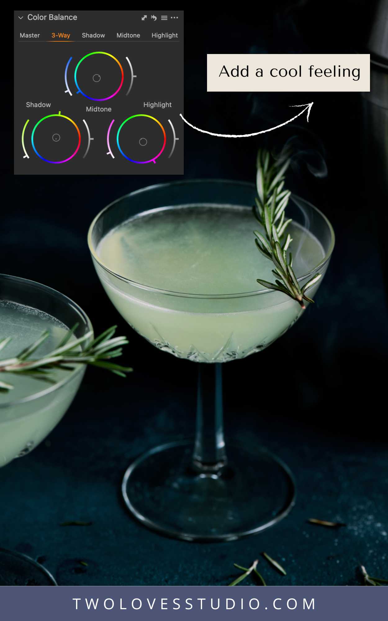 Rosemary Gimlet with overlay of color grading in food photography