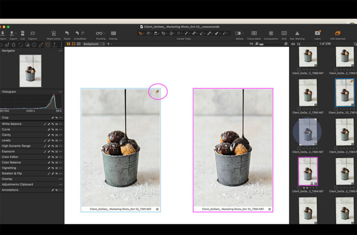 screenshot of capture one demonstrating the set as compare function.