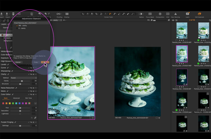 screenshot of capture one showing how to sync masks between images.