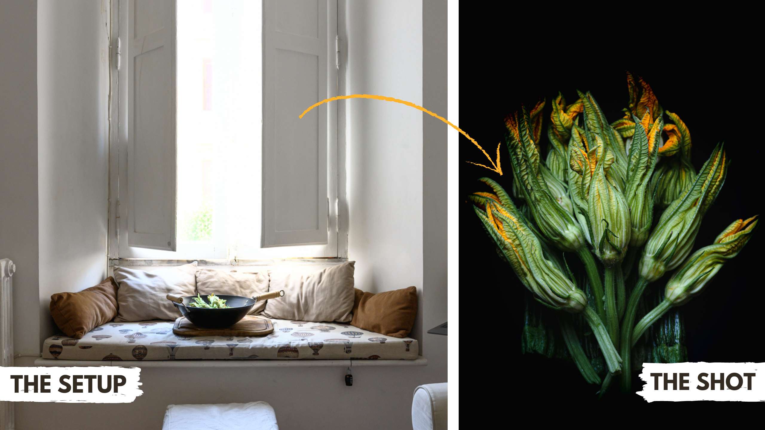 Behind the scenes photo of shooting zucchini flowers in a large black wok with natural light.