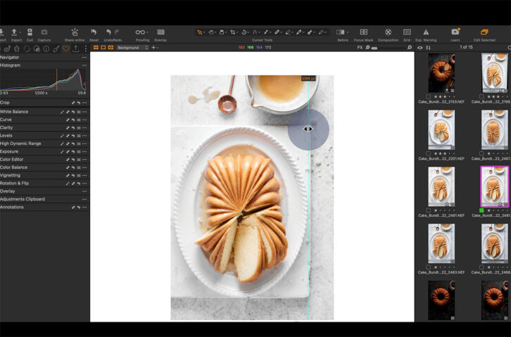 Screenshot of Capture One software showing how to use guides with props in food photos.