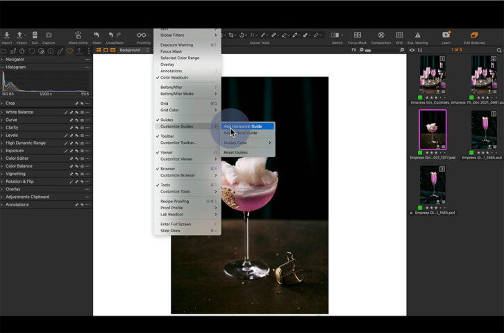 Screenshot of Capture One editing software, showing how to add Guides.